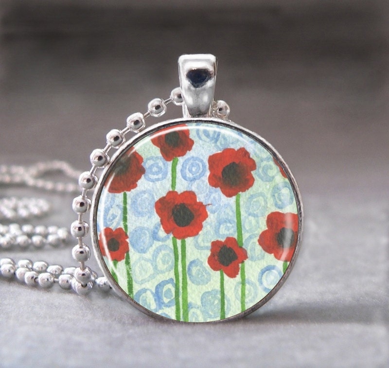 Photo Pendant, Art Pendant, Glass Dome Pendant, Red Poppies, no 999-91