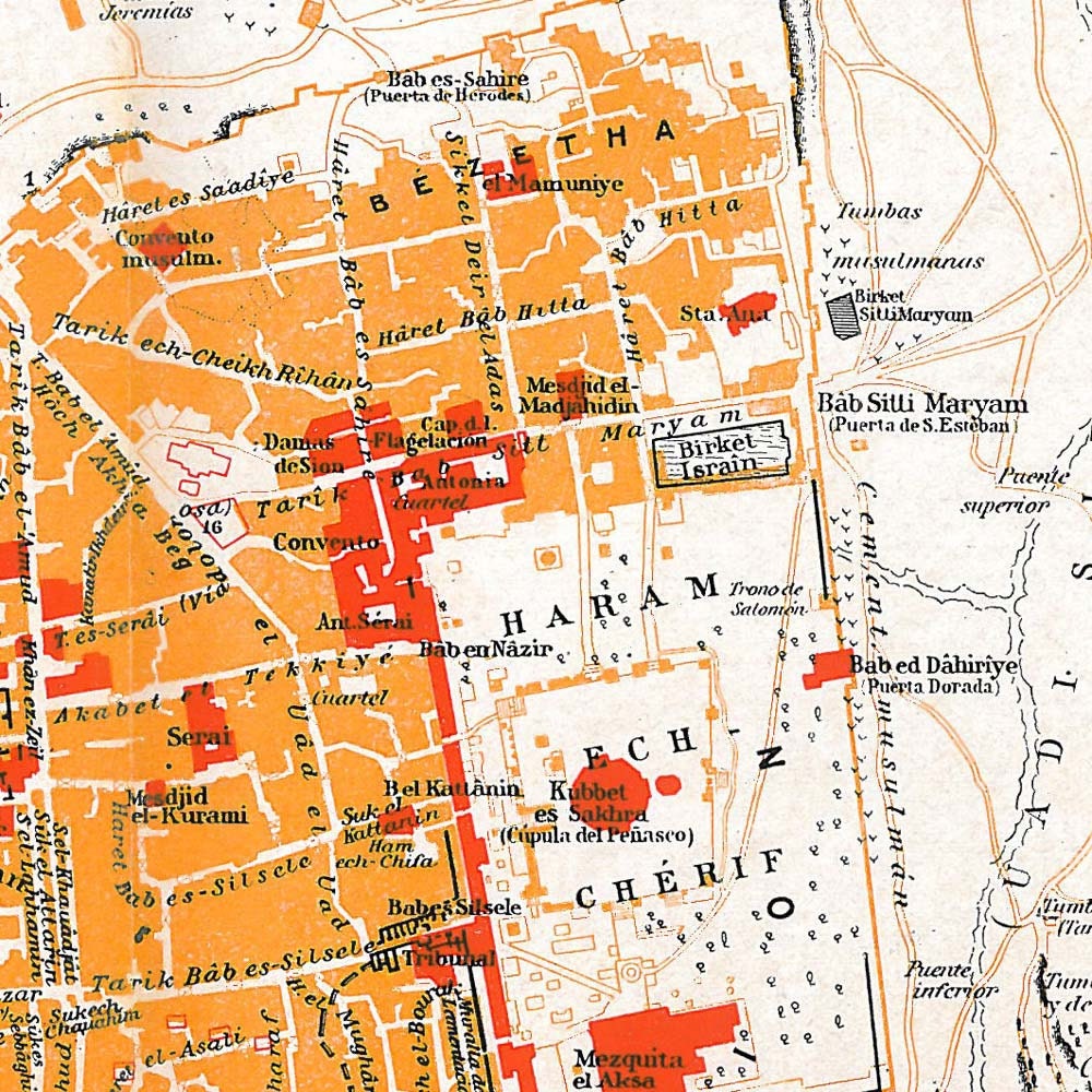 Vintage Map of the City of Jerusalem Street Plan 1920s
