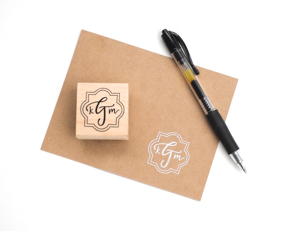 Monogram Stamp, Modern Calligraphy, Quatrefoil Design, Personalized, Custom, Initial Stamp, Rubber, Art Mount, 1.5 x 1.5