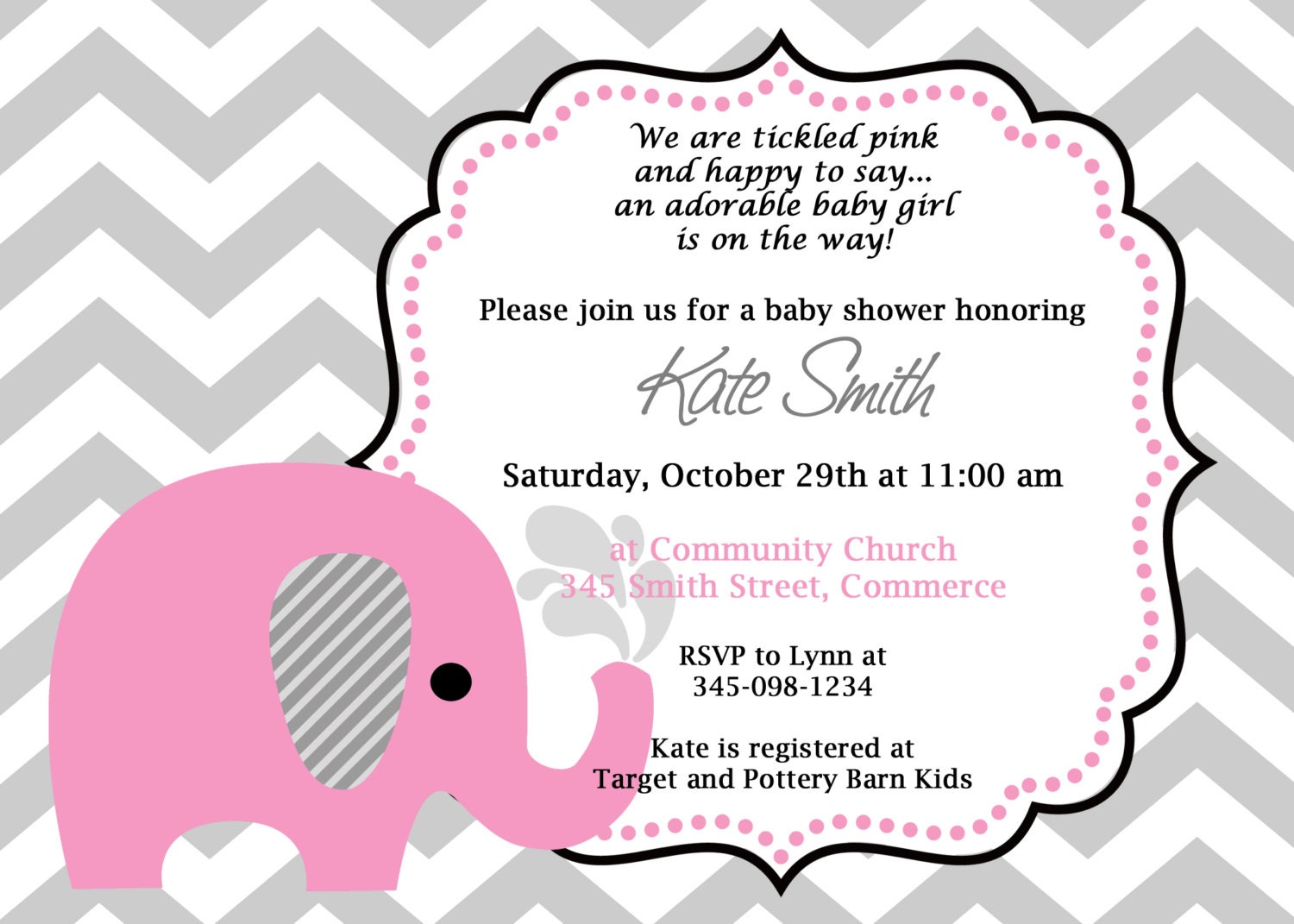 Printable Pink Elephant Chevron Baby Shower Invitation. Customized Shower Invitation. Cute Pink Elephant Birthday Invitation. Il_570xn