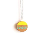 folk style hand painted wood necklace - yellow, mint - leaf pattern
