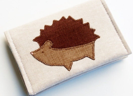 Hedgehog Wallet, Linen Business Card Holder, Vegan, Woodland Animals, Oatmeal Linen, Mushrooms - BrooklynLoveDesigns