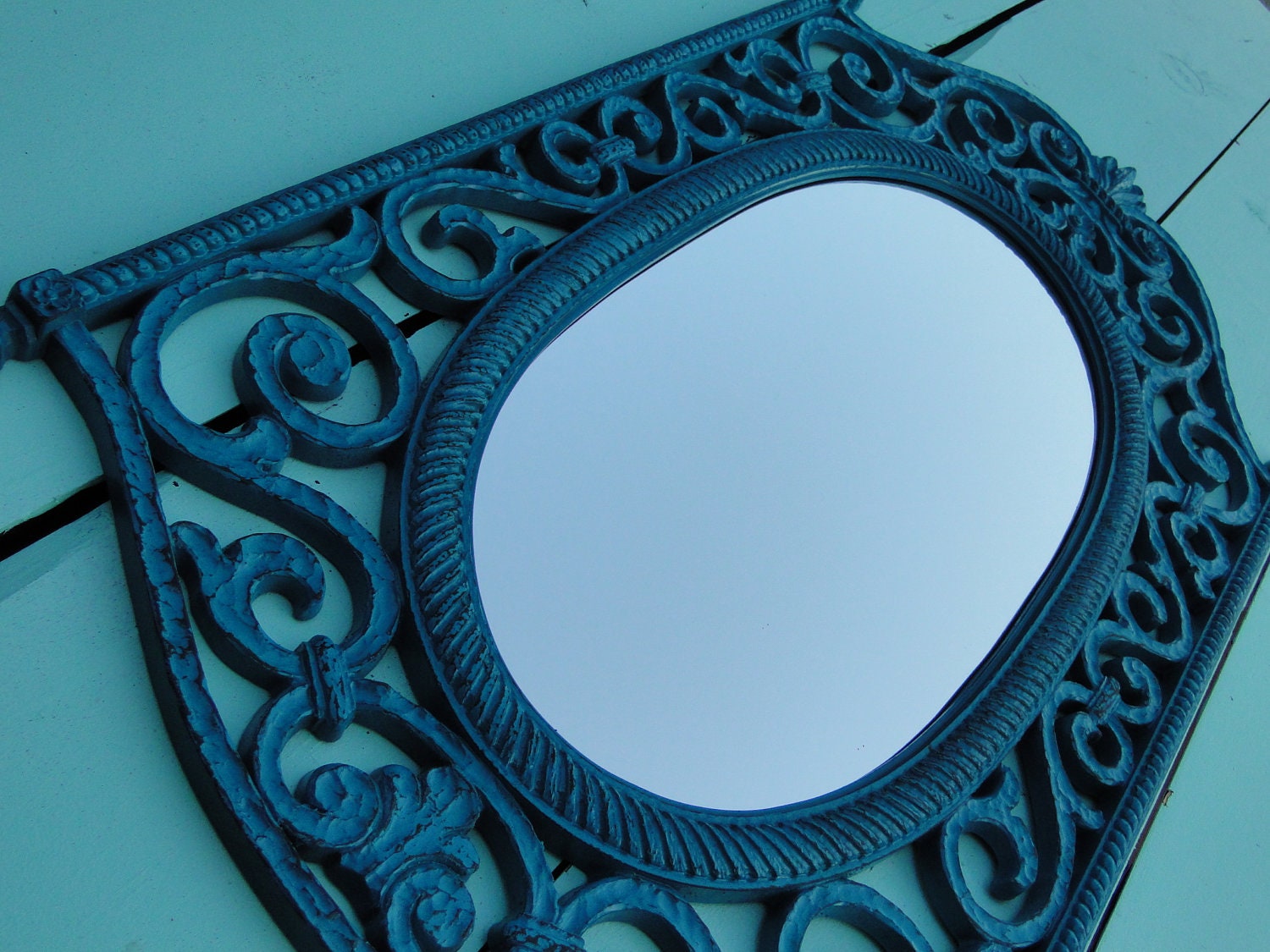 Large Vintage Ornate Iron Look Mirror Scrolls French Country Gothic in Distressed Teal Turquoise Lagoon