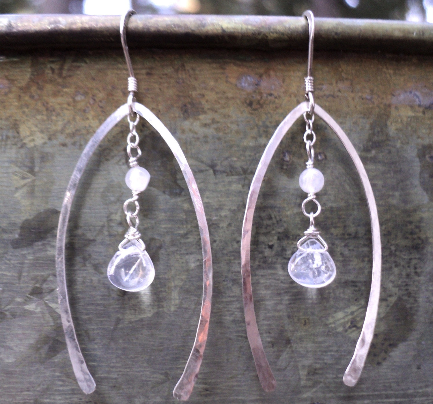 Moonstone drop and sterling silver hand-hammered "wishbone" earrings. Medium sized women's rainbow moonstone and sterling silver earrings.