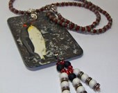 Penguin Art Necklace Pendant - Animal Necklace - Mixed media w beaded dangle