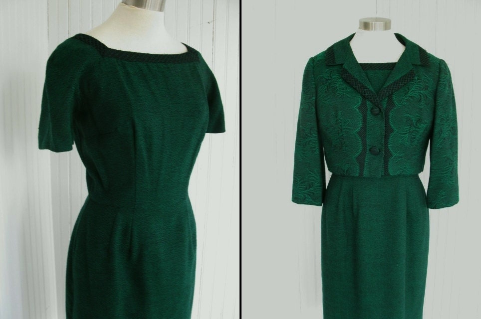 1950s 60s Dark Emerald Green 2 Piece Wiggle Dress Winter Bombshell