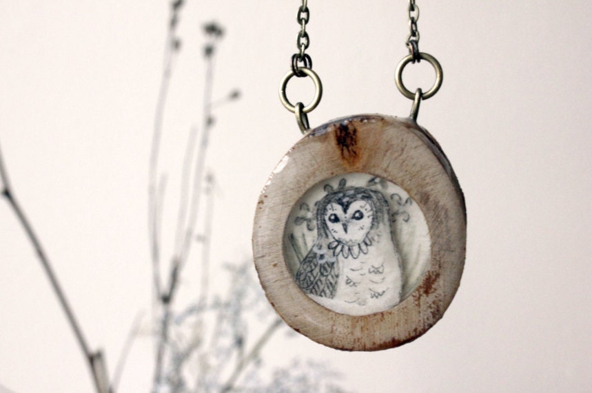 Winter Owl Necklace- Hand painted reclaimed wood owl necklace, under 50 for women