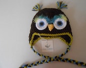Brown, Lime Green & Blue Owl with Curly Eyelashes Owl Beanie Custom Photo Prop Pick Your Size Crochet Baby Hat Gift  Boy Girl