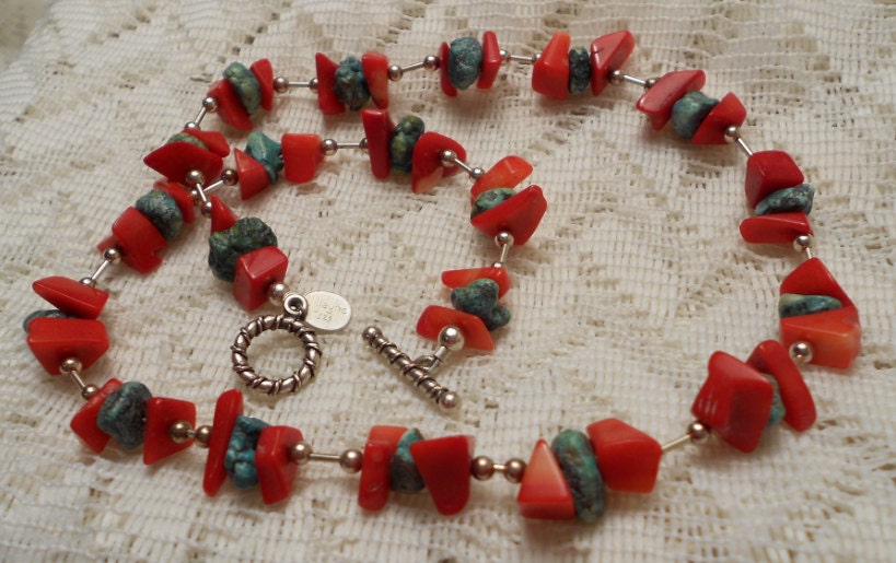 Vintage Sterling  Red Glass and Green Stone Beaded Necklace Choker