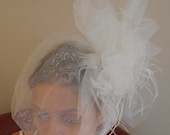 Bridal Ivory Headpiece Ruffled Tulle Fascinator with Pearls-Ostrich Feathers- Roses