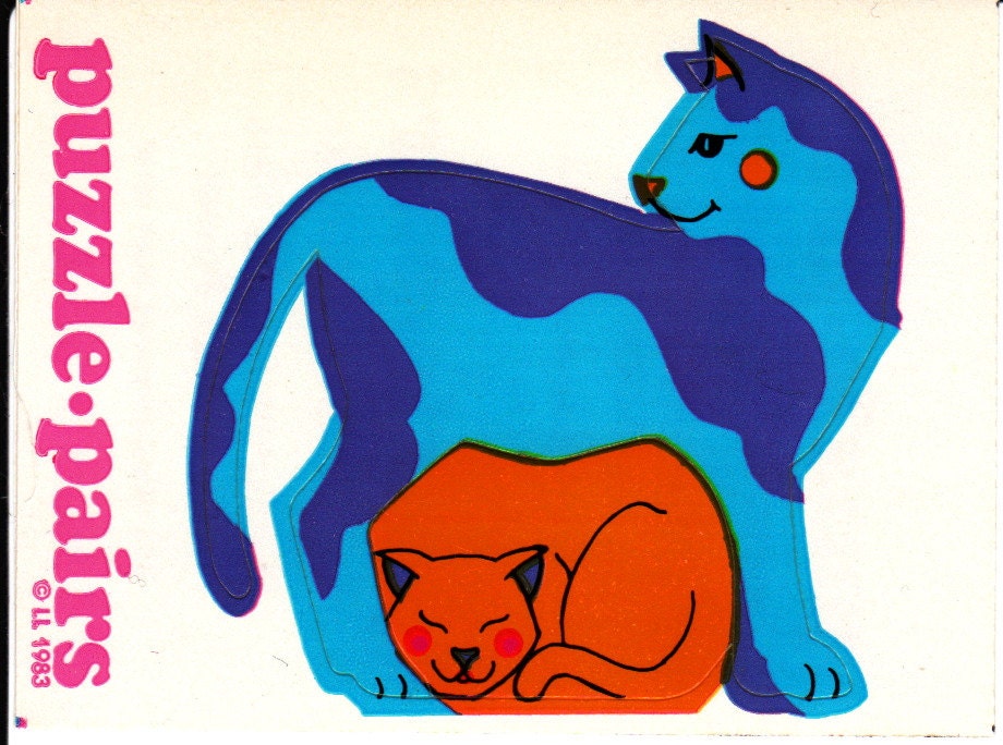 Rare Vintage Illuminations Puzzle Pairs Adorable Cats Sticker 1983 Mother and Child Kitten