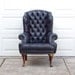 Vintage Navy Blue Tufted Leather Wingback Library Chair