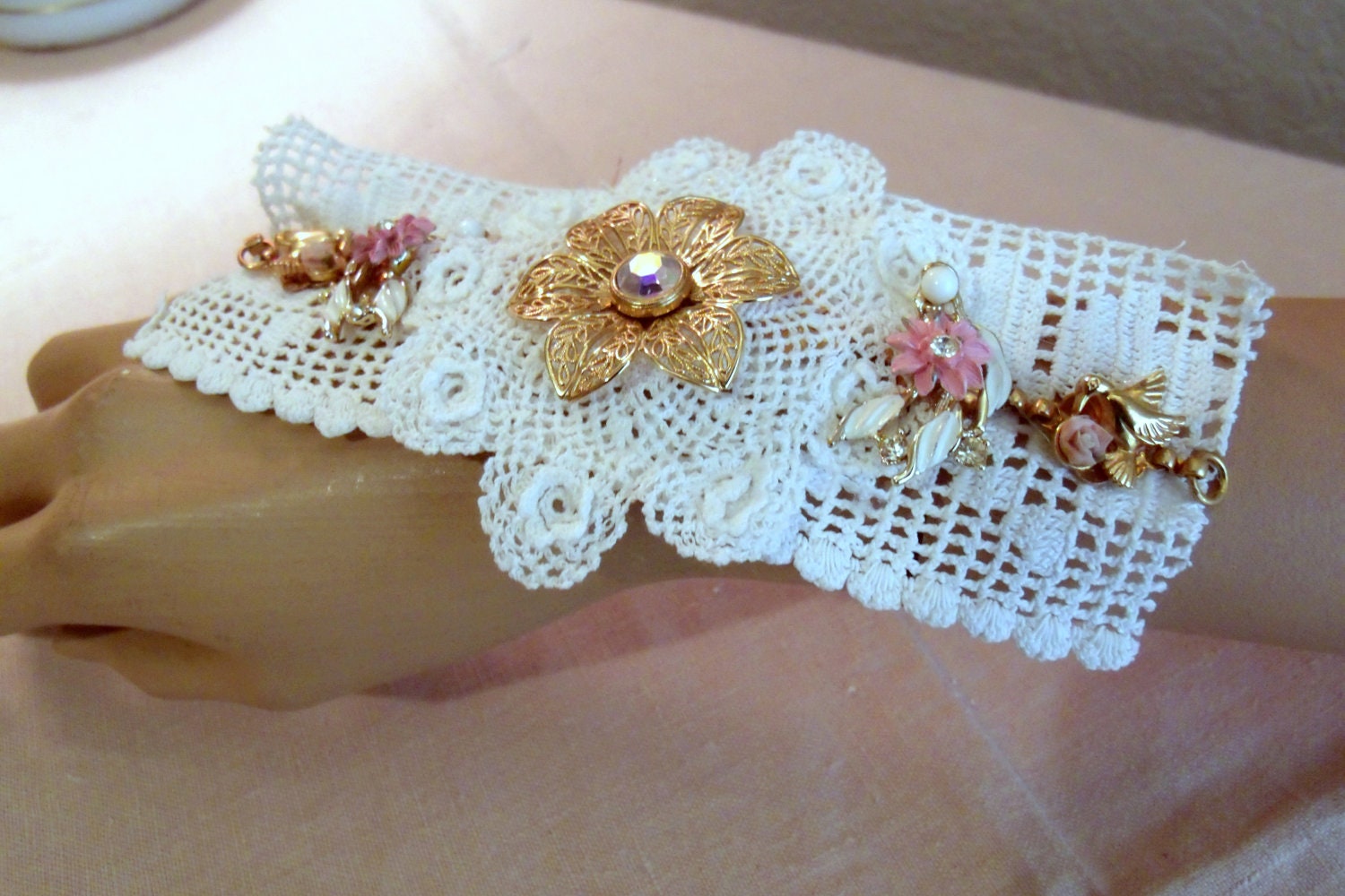 Wide Lace Cuff Bracelet Handmade Vintage Earrings Doilies Layered Shabby Chic Cottage Style Bridal Bohemian Gypsy