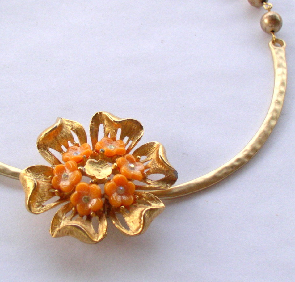 Vintage Apricot and Gold Floral brooch converted choker