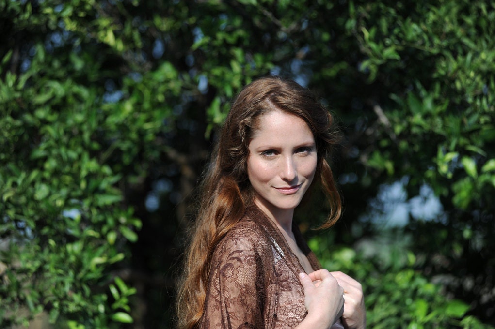Brown bolero/ delicate lace shrug. 4-options top- shawl, twist, shrug and infinity scarf