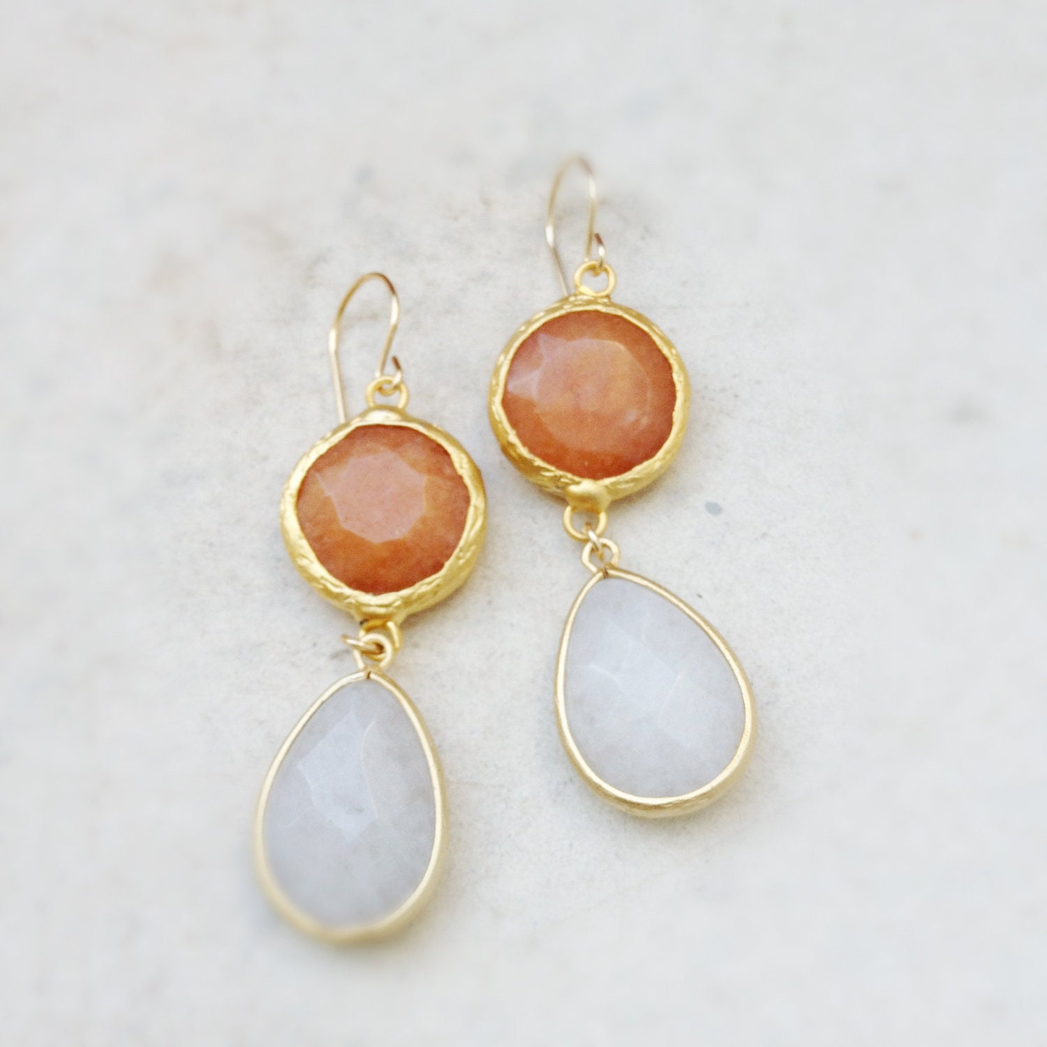 summer fashion long DUAL pumpkin orange jade stone white drop earrings textured matte golden frame gemstone earrings Israel