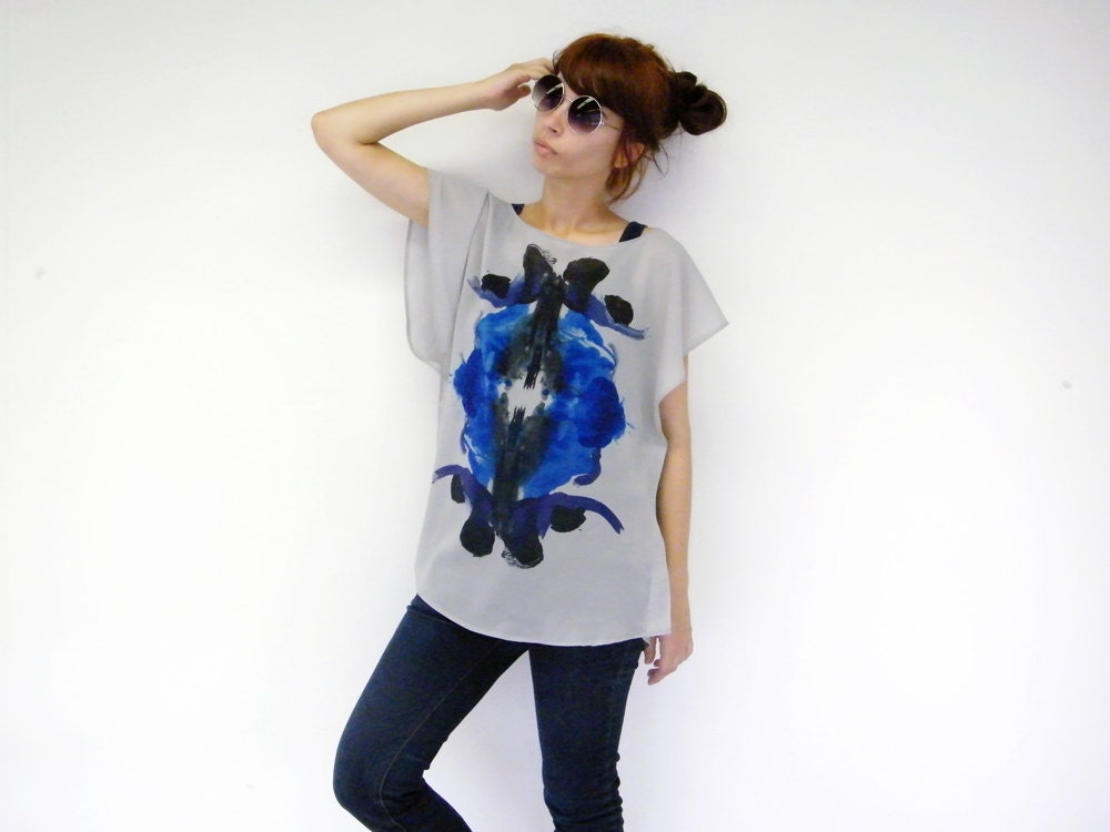 Geometric Galaxy Hand Printed Sheer Blouse Oversized Gray Chiffon Caftan Tunic Black Blue Print