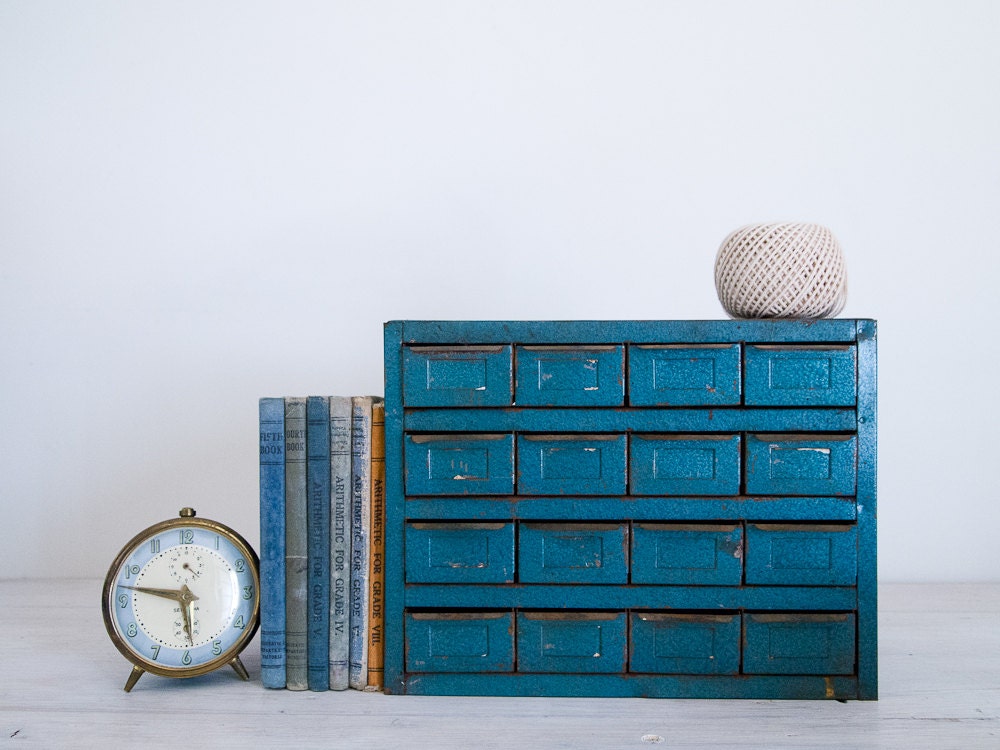 vintage industrial metallic blue metal storage cabinet with 16 drawers