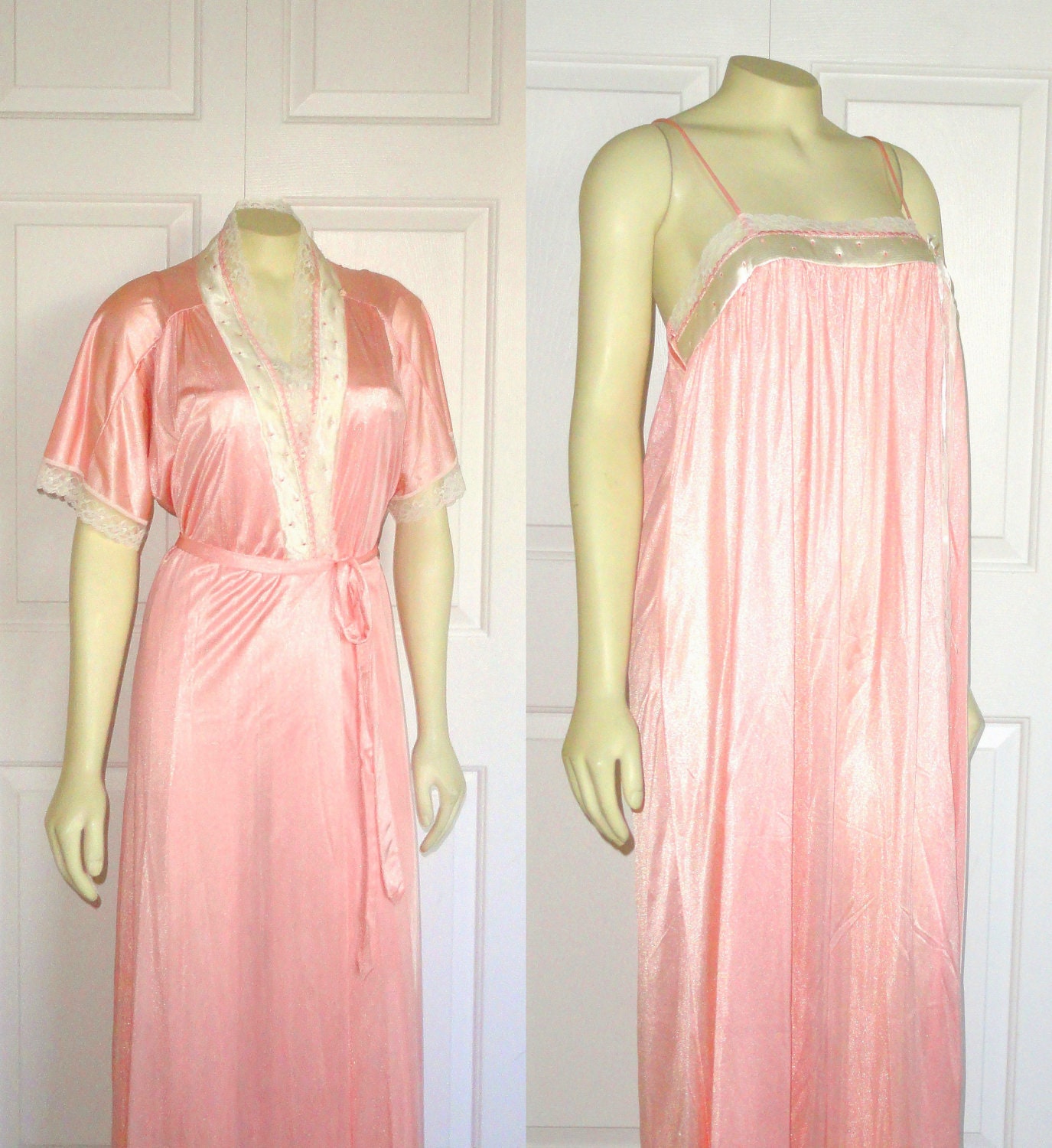 Vintage Nightgown and Robe 60s 70s Gilead Spring Pink & White Nylon Satin Gown and Dressing Gown Robe