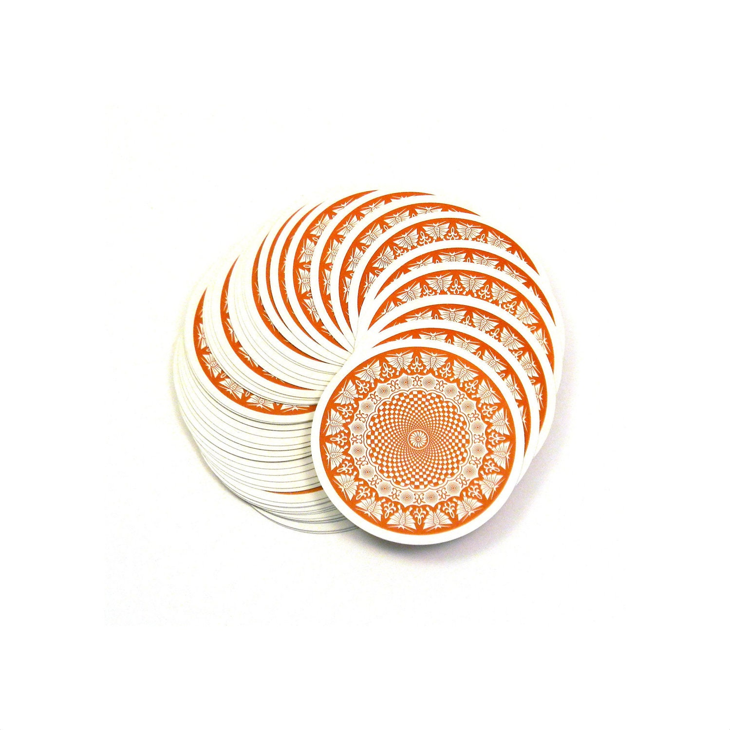 Round Playing Cards, Vintage 1960s Burnt Sienna Moth Kaleidoscope