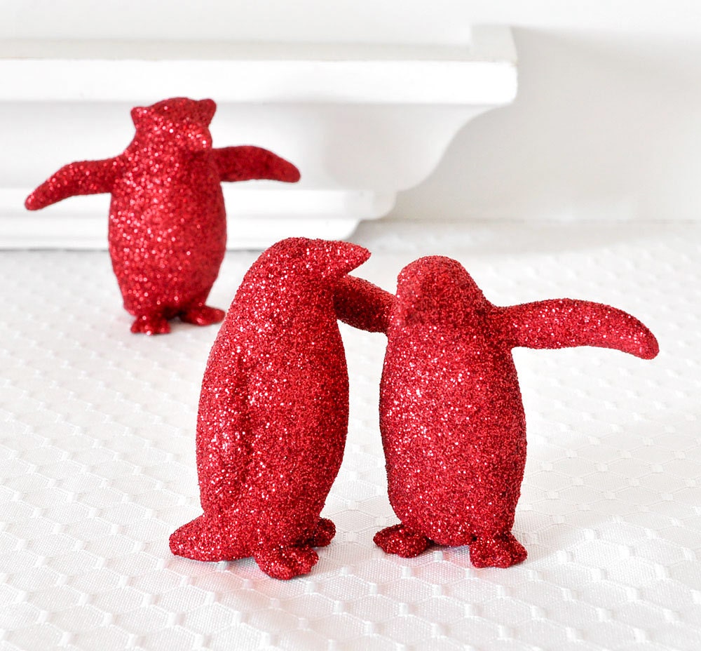 Poppy Red Penguins Garnet Glitter Weddings, Bridal Party Decoration Cake Topper Centerpiece or Children's Nursery Room Decor