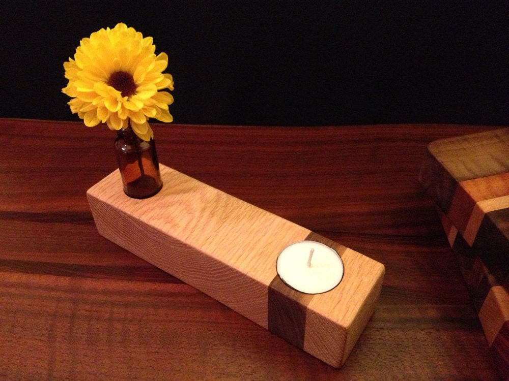 Small Natural Organic -  Wood Tea Light Holder - with Tiny Bottle for Flowers or Oils - Gift