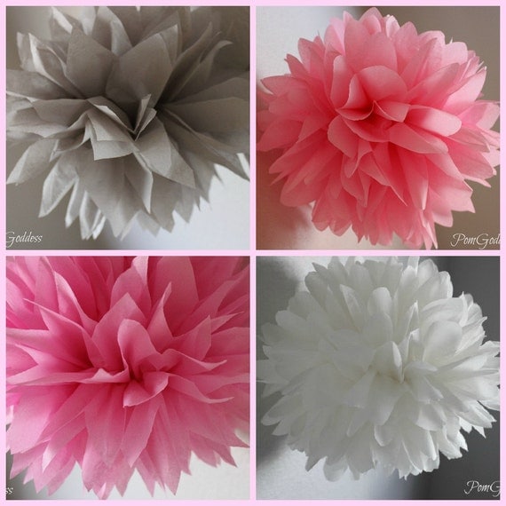 SALE 5 Tissue Paper Pom Poms - Birthday- Nursery Decorations - Pink Elephant Il_570xn