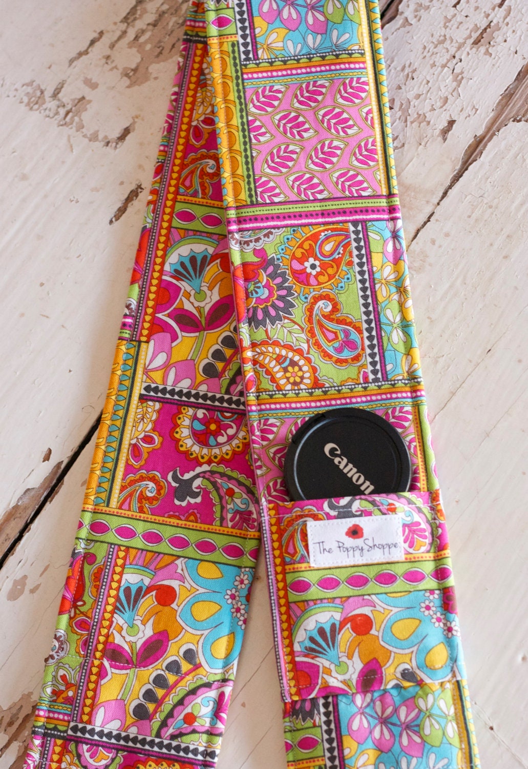 DSLR Camera Strap Cover- lens cap pocket and padding included- Patchwork Paisley