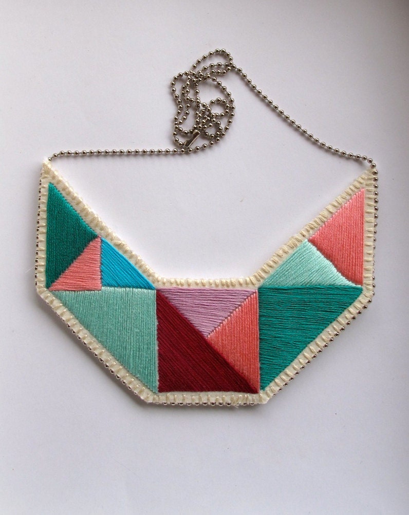 Geometric statement necklace in mint bright pink blue emerald lavender and wine embroidered triangles dramatic design