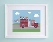 Fireman Kids Wall Art - Fire Engine Koala Children's Bedroom Decor (8x10 Print)