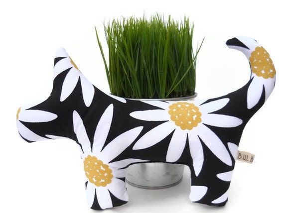 Squeaky plush dog toy...Black, white and yellow modern daisy print...