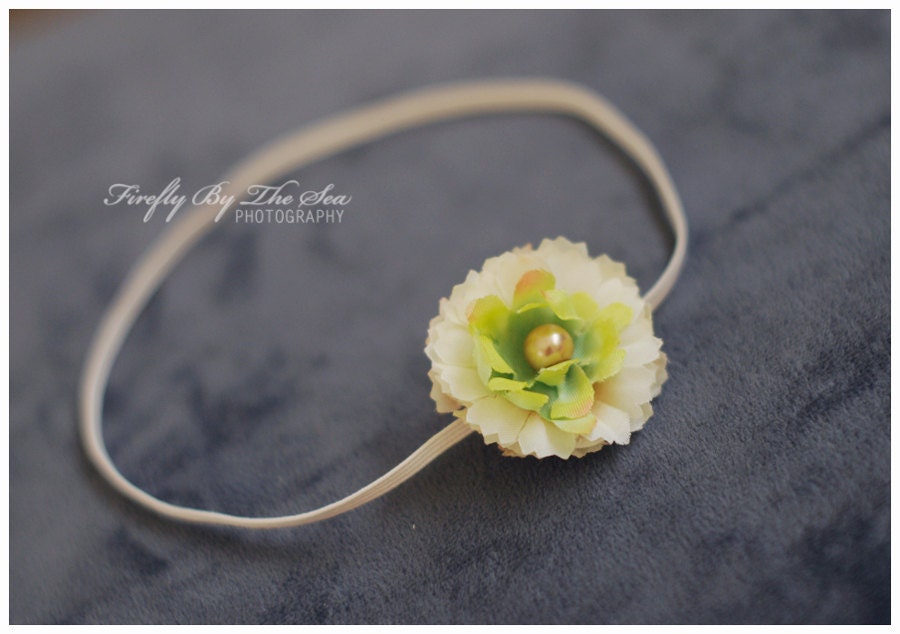 Ready to ship small flower headband in shades of cream white and green with a pearl center on skinny elastic photo prop or daily use
