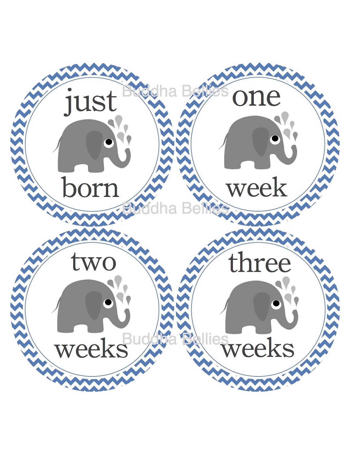 Elephants and Blue Chevron...Newborn Set of Onesie Stickers...Includes Just Born Sticker, Weeks 1,  2, and 3 Stickers... Baby Shower Gift