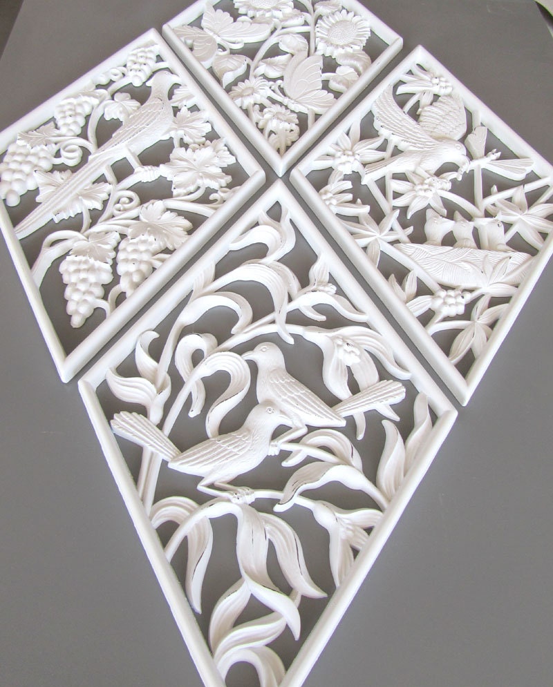 Shabby Chic White Birds and Flowers Plaques Vintage Syroco Ornate Large Wall Hangings set of 4 Diamond Mid Century Modern Traditonal Bedroom