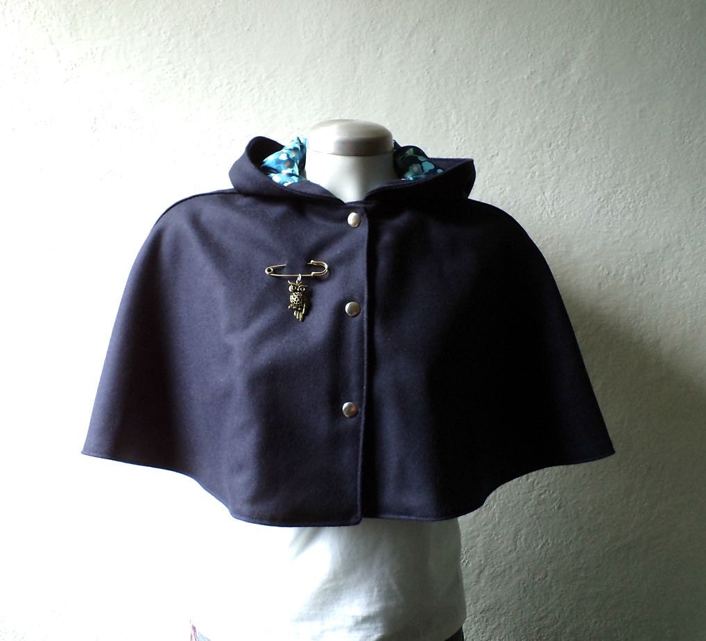 Navy blue wool cape, hoodie cahsmere capelet, Fully lined floral charmeuse, owl brooch, Sizes S.OOAK. Wool cape coat.Reay to ship.