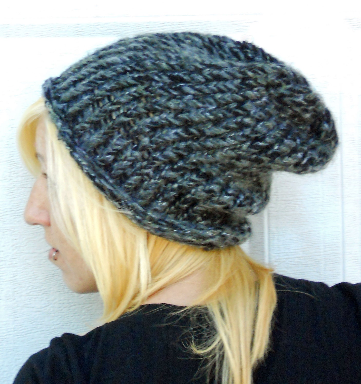 loom knit Army color mohair beanie, hat , cap