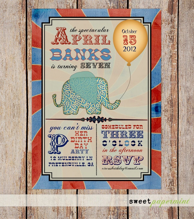 Blue and Red Carnival Circus Printable Birthday invitation Card Printable Digital - Customizable