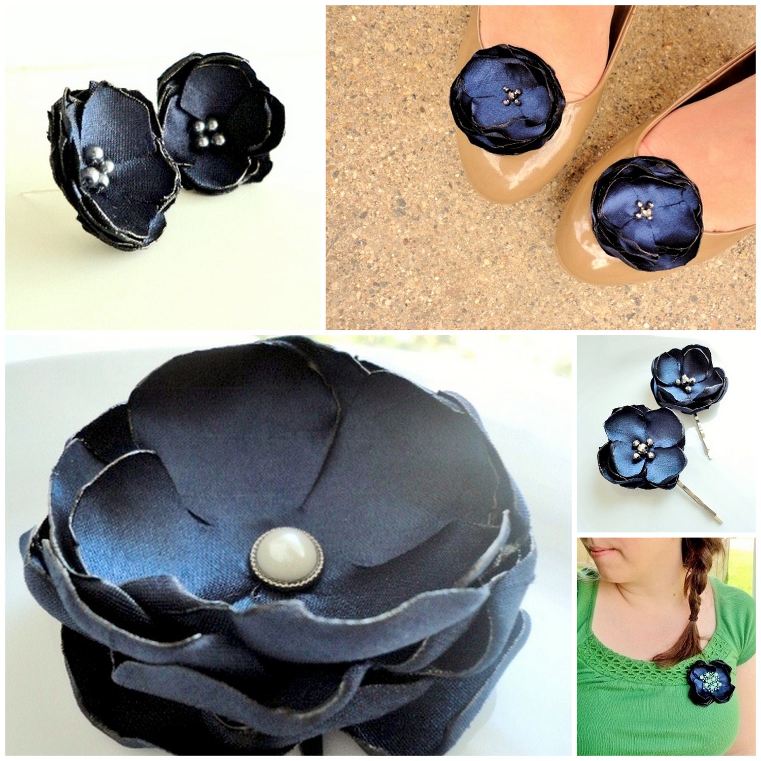 Navy Fabric Flower Pin, Navy Brooch, Navy Flower Fascinator, Blue and Lime Green, Beaded Fabric Flower Brooch, Satin Flower Broach, Summer