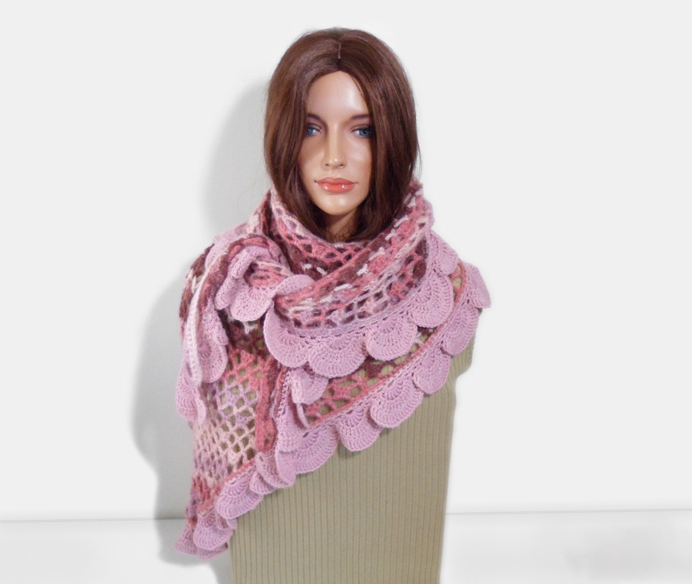 Crochet Shawl, Handmade Triangle Shawl, Winter Accessory in Pink - UnlimitedCraftworks