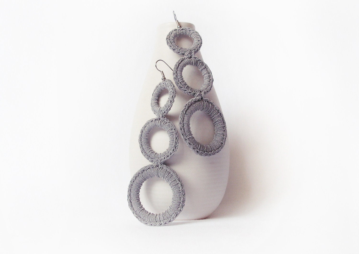 Grey Geometric Crochet Earrings / Dangle Hoop Earrings / Handmade Fashion Jewelry / Light Cloud Grey / Neutral
