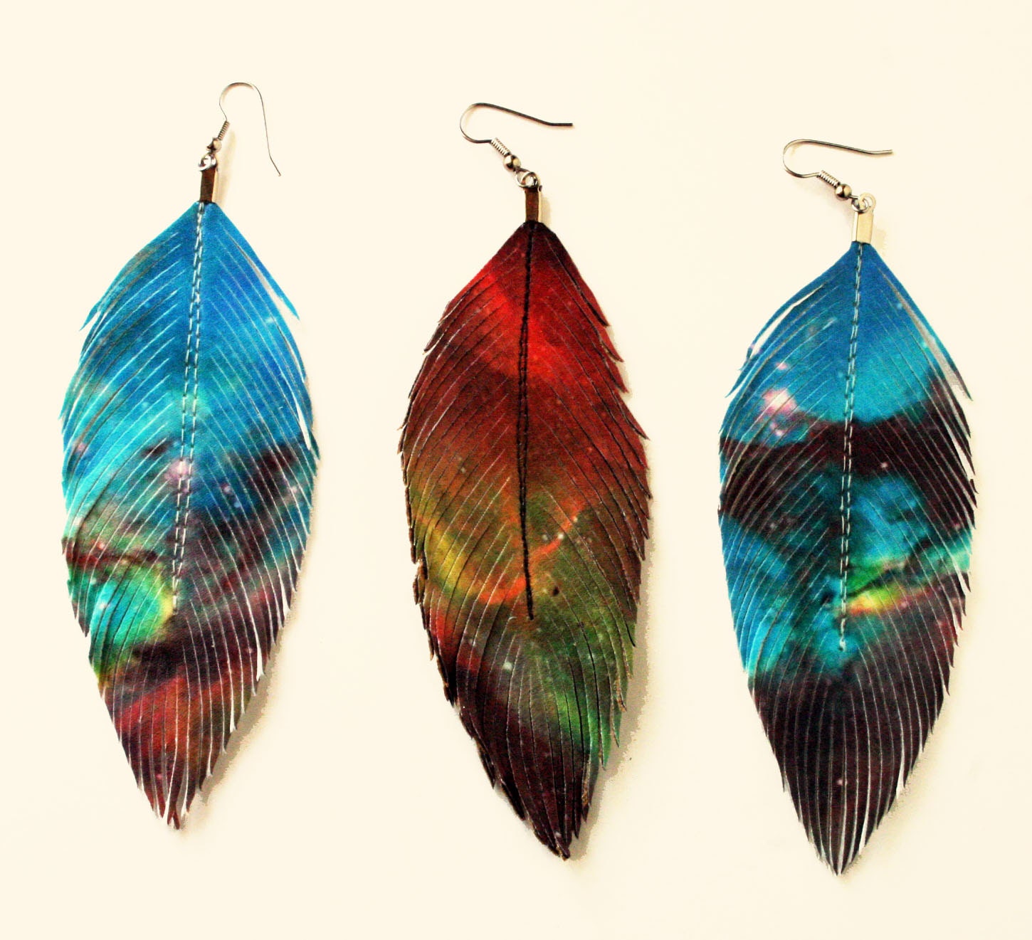RESERVE for neuronaut1 --- Intergalactic Rockstar - Galaxy Faux Leather Feather Earrings