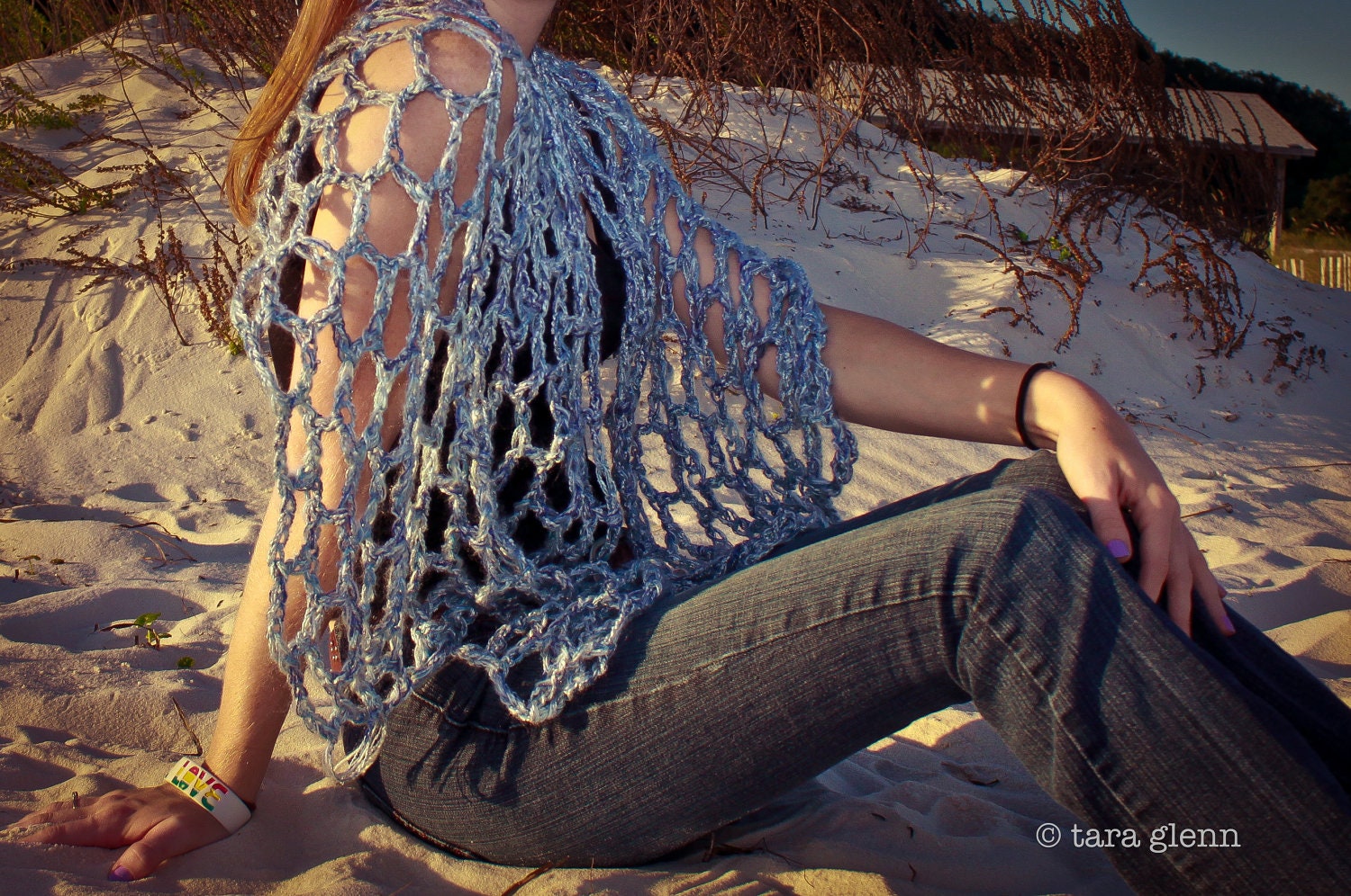 Fish Net Shawl Wrap Scarf Silver Blues
