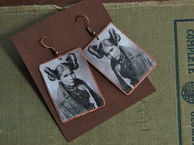 Native American earrings Hopi Girl image mixed media jewelry Sarah Wood