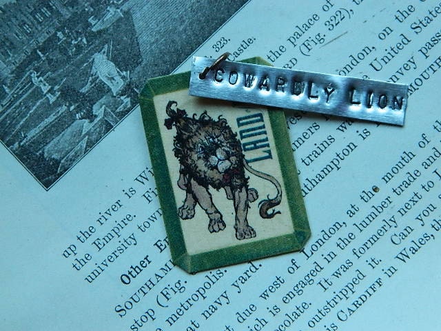 Wizard of Oz vintage style Cowardly Lion charm and handstamped tag Steampunk Sarah Wood