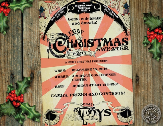 Tacky or Ugly Christmas Sweater Party Invitation for charity, donations, canned food drive, company, fundraiser event, classic vintage Il_570xn