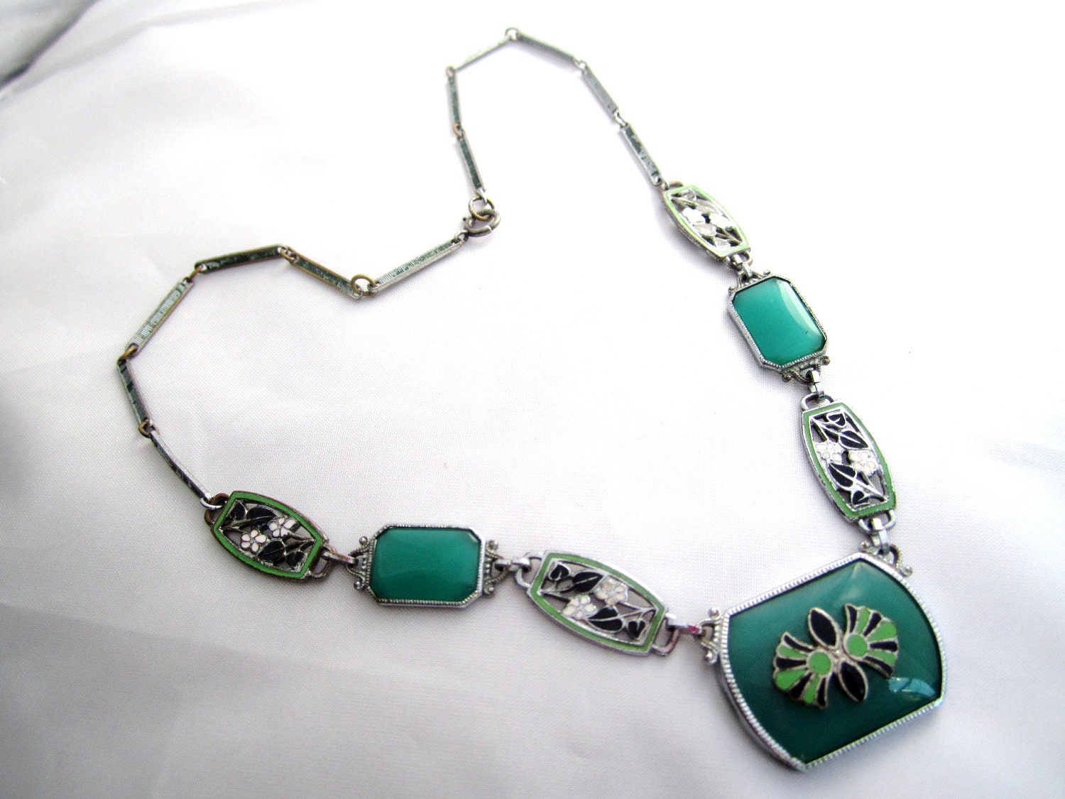 RESERVED Art Deco Necklace Green Enamel Flower 1920s Vintage Jewelry Great Gatsby