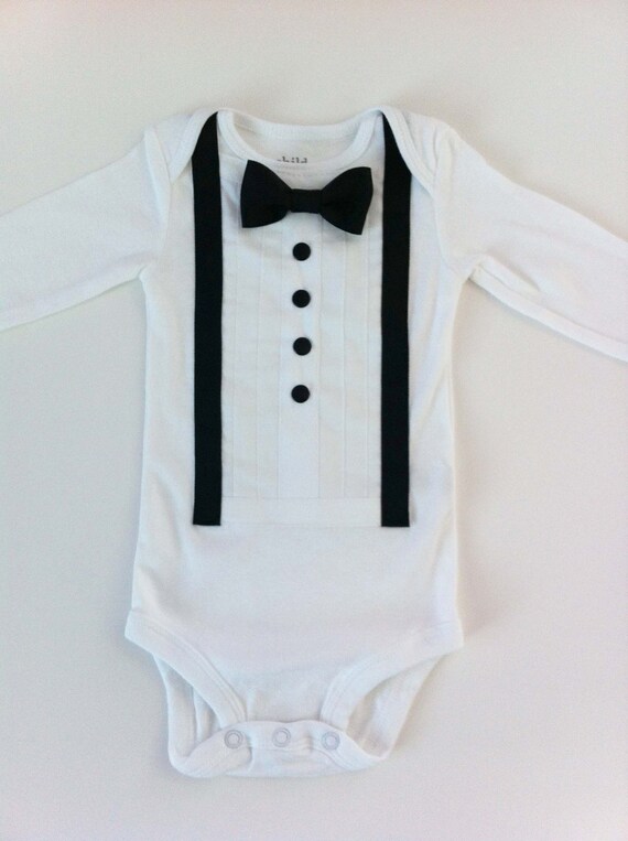 1pc Tuxedo Onesie Formal White with Suspenders by TutusandTuxes