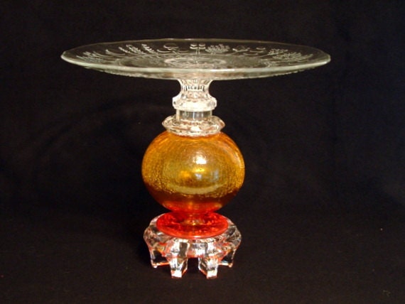 Wedding decor.  Pedestal cake plate stand. "The Autumn" made with repurposed recycled upcycled glass.  Vintage glass cake stand.