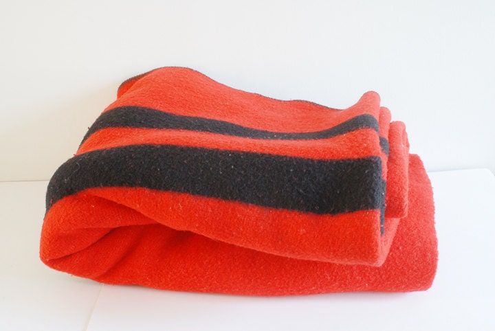 SALE Vintage Baron Woolen Mills Red Wool Camp Blanket with Black Stripes - Made in Brigham City, Utah