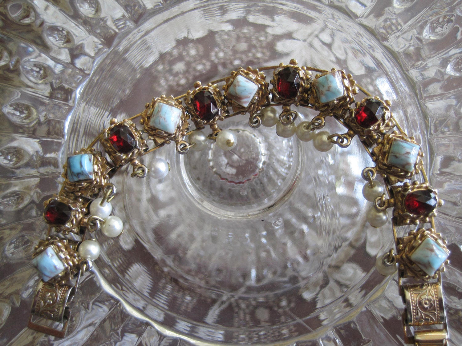 Garnet Turquoise Pearl Rhinestone Vintage Bracelet